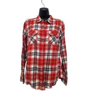 Eddie Bauer Women Plaid Flannel Shirt Red Blue White Long‎ Sleeve Button Up M